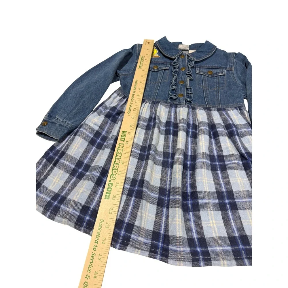 Vintage Looney Tunes Tweety Bird Denim Plaid Dress Kids Size 6X Blue Ruffle 1996
